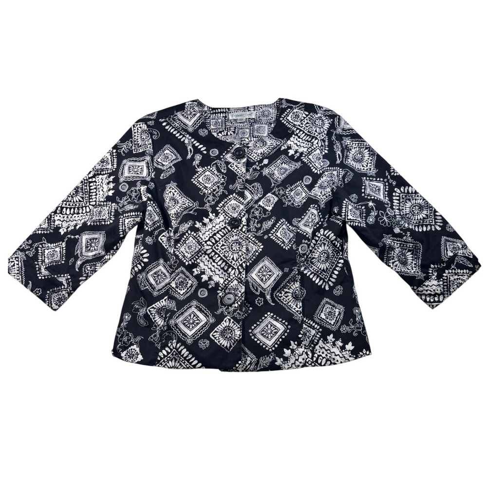 Coldwater‎ Creek Black White Geometric Button Front 3/4 Sleeve Blazer Jacket P14